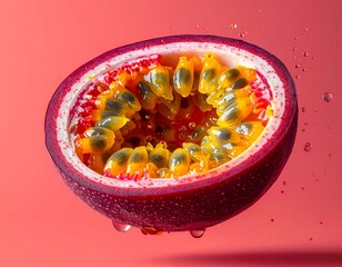 Juicy half of a ripe purple passion fruit with glistening water drops suspended against a vibrant pink background.