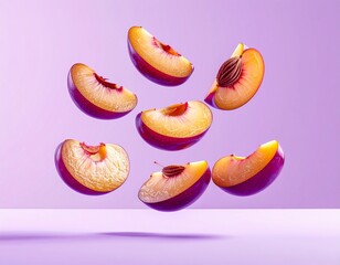 Juicy, ripe plum halves with pits levitating and floating in mid-air against a vibrant, solid purple background.
