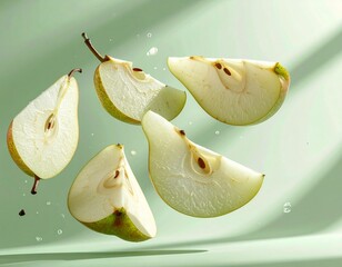 Fresh green pear slices floating with water splashes on a light green background.
