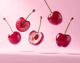 Ripe red cherries, whole and sliced in half to show the pit, floating or falling against a clean pink background.