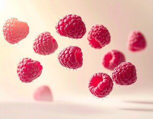 A collection of fresh, ripe red raspberries floating or falling in mid-air against a soft, warmly lit background.