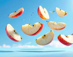 Juicy red apple slices, some with bites taken out, floating dynamically against a bright blue sky.