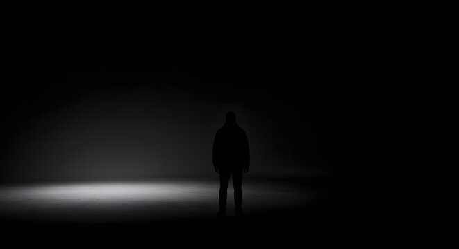 A solitary figure stands silhouetted in a pool of light against a dark, abstract background.