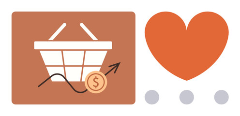 Shopping basket with growth arrow and dollar coin illustrates economic growth, beside large heart representing customer satisfaction. Ideal for business, sales, shopping, e-commerce, finance