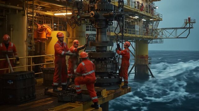 Offshore workers maintain oil rig machinery in rough seas