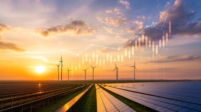 Solar panels and wind turbines at sunset with overlayed financial graph showing growth in energy sector - Powered by Adobe
