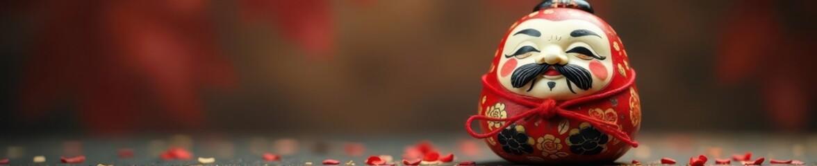 Naklejka premium Colorful Daruma doll with painted face and red string tied around neck, decoration, japan, red string