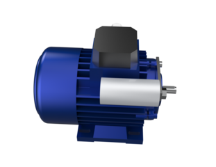 Detailed 3D Render of Blue Industrial AC Induction Electric Motor with Start Capacitor - High Definition PNG Transparent Background for Electrical Engineering and Manufacturing Power Machinery.