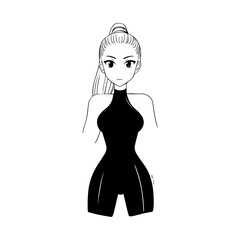Black and white hot anime character line art illustration, stylish minimal outline drawing in clean style