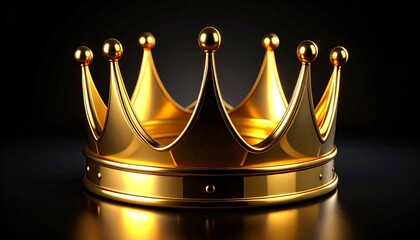A shiny golden royal crown with pointed spires on a dark, reflective surface against a black background.