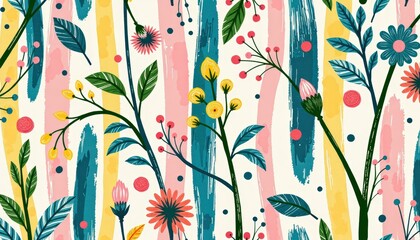 Floral Botanical Pattern Design Spring Flowers and Leaves
