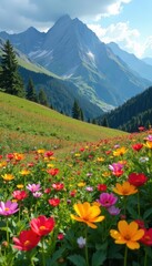 Fototapeta premium Vibrant wildflowers stretch towards a mountain range , vast, meadow