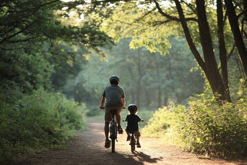 Obraz premium Father and child riding bicycles on forest path