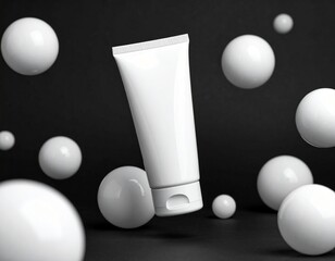A blank white cosmetic cream tube mockup floating among white spheres against a dark backdrop.