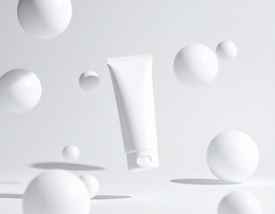 A blank white cosmetic tube floats weightlessly among abstract spheres in a clean, minimalist scene.