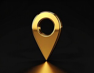 A shiny 3D golden map pin, a symbol for location and navigation, on a reflective black background.