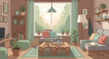 Cozy pixel art living room interior with a large window overlooking a sunlit forest, featuring comfortable seating, plants, bookshelves, and a coffee table, creating a warm and inviting atmosphere.