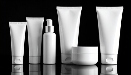 A collection of white blank cosmetic tubes, a pump bottle, and a jar arranged on a reflective black background.