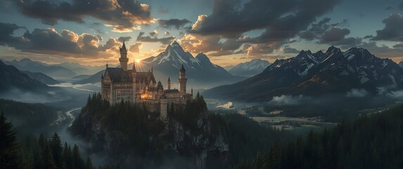 Majestic Castle at Sunrise in the Mountains, Epic Fantasy Landscape