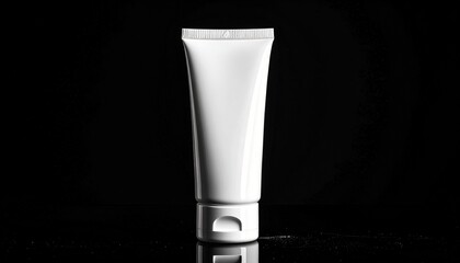 A white, unbranded cosmetic tube with a flip-top cap standing upright against a solid black background.