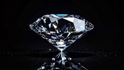 A brilliant, multi-faceted diamond gemstone sparkles on a reflective black surface, creating a perfect reflection.