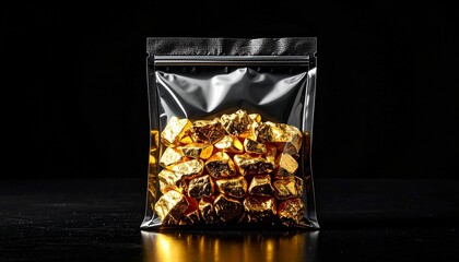 A clear resealable plastic bag filled with shiny gold nuggets on a reflective black surface.