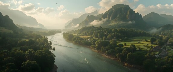 Tropical River Valley at Sunrise, Peaceful Nature Landscape