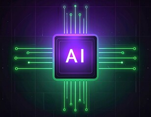 A glowing purple AI processor chip with connecting neon circuit lines on a dark, futuristic digital grid.