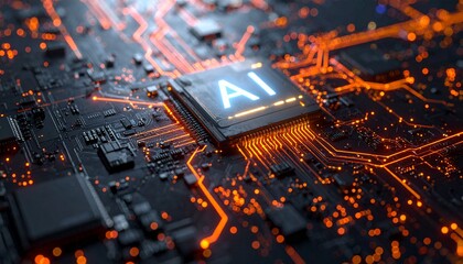 A glowing AI microprocessor chip at the center of a futuristic computer circuit board with orange light.