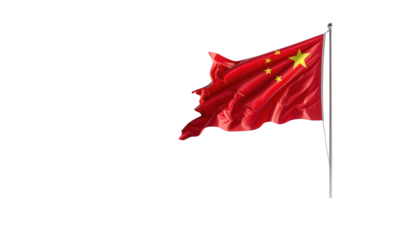 A vibrant, digitally rendered image showcases the Chinese flag billowing in the wind against a stark black background.