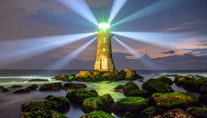 Lighthouse Shining Light at Night with Ocean Waves and Starry Sky