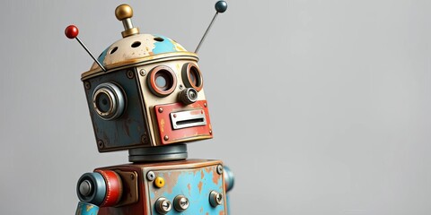 Fototapeta premium Retro tin robot toy, weathered paint, classic design, tin toy, buttons