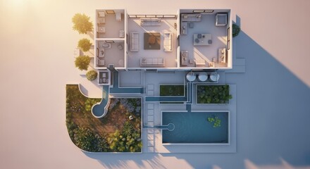 Photo of aerial view of a modern house with a swimming pool, lush garden, and a detailed floor plan, bathed in warm sunset light