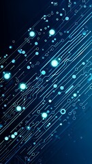 Futuristic Digital Circuit Network with Glowing Blue and Orange Light Burst