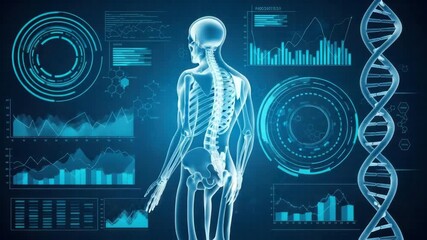 Human skeleton and dna helix with medical data visualizations on a blue background display panel - Powered by Adobe