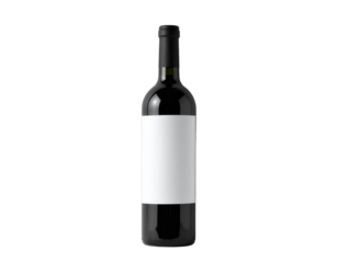 A dark bottle of red wine with a blank white label stands out against a black background, displaying a simple yet elegant design.