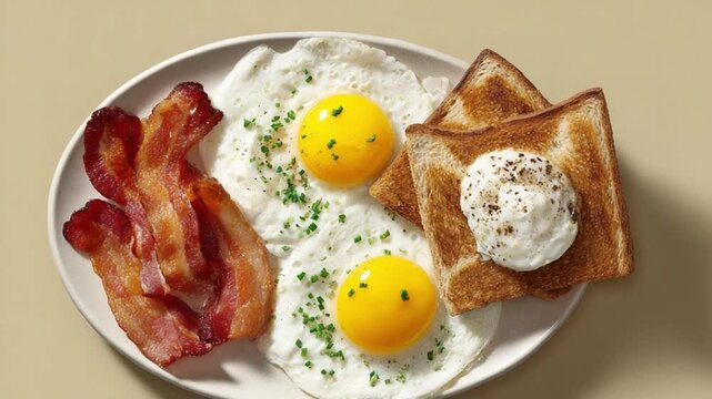 Breakfast Delight: A delicious and wholesome breakfast features perfectly cooked fried eggs, crispy bacon, and golden toast, a culinary ode to the start of the day.