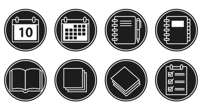 A collection of black and white circular icons representing various office, planning, and document-related items such as calendars, notebooks, and checklists. - Powered by Adobe