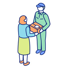 Customer Receiving or Handing Package to Delivery Worker Isometric Illustration