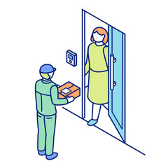Woman Receiving Package from Delivery Worker at Front Door Isometric Illustration