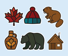 canadian cartoon sticker set – maple leaf, winter hat, beaver, maple syrup, bear, and cabin – perfect for educational materials, travel content, editorial design, and printable activities © Smile Academy