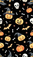 Halloween Seamless Pattern with Pumpkins, Skulls and Witches Hats