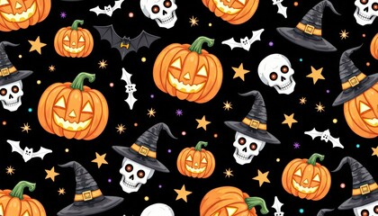 Halloween Seamless Pattern with Pumpkins, Skulls and Bats witch