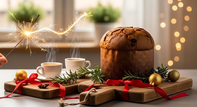 Festive panettone and coffee with sparklers and christmas decorations