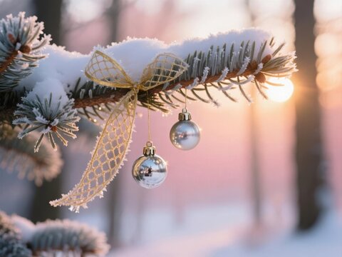 A snow-covered pine branch with a gold ribbon and two silver Christmas baubles at sunset. - Powered by Adobe