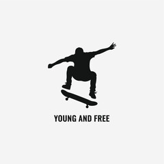 Black silhouette of a person performing a skateboard trick in mid-air with 'YOUNG AND FREE' text below.