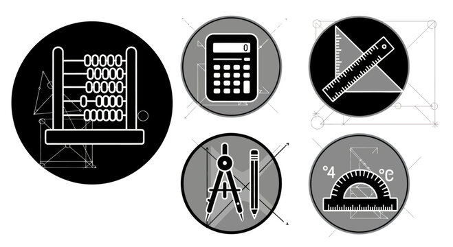 Collection of black and white icons representing various mathematical and geometry tools like abacus, calculator, ruler, compass, and protractor.