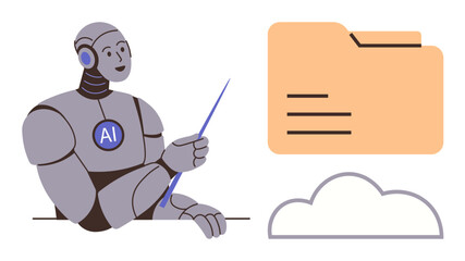 AI robot with pointer explaining file folder and cloud, conveys automation, file management, digital storage. Ideal for technology, education, AI, data sharing, solutions cloud computing simple