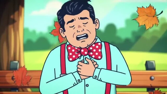 animated man gasps with chest pain in park