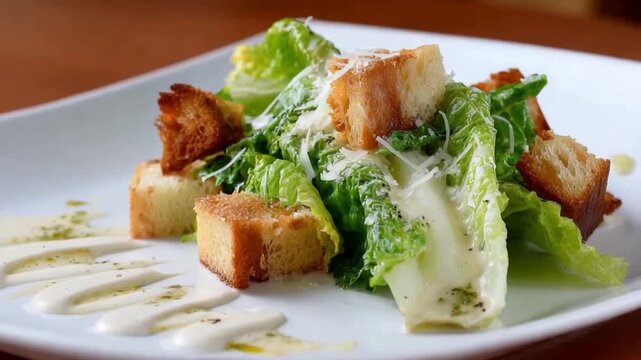 Caesar Salad Plating: Close-up view showcases a gourmet caesar salad, freshly prepared with crisp romaine lettuce, buttery croutons, and drizzled with a creamy dressing
